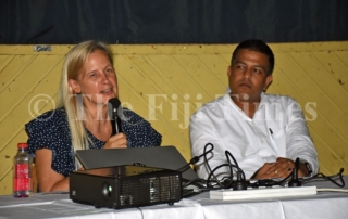 Policy planning consultant Janis Fedorowick (left) speaks to the participants as Chahan Engineers director Shavin Chand looks on during the Review of the National Building Codes consultation in Nadi. Picture: REINAL CHAND