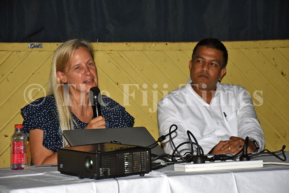 Policy planning consultant Janis Fedorowick (left) speaks to the participants as Chahan Engineers director Shavin Chand looks on during the Review of the National Building Codes consultation in Nadi. Picture: REINAL CHAND